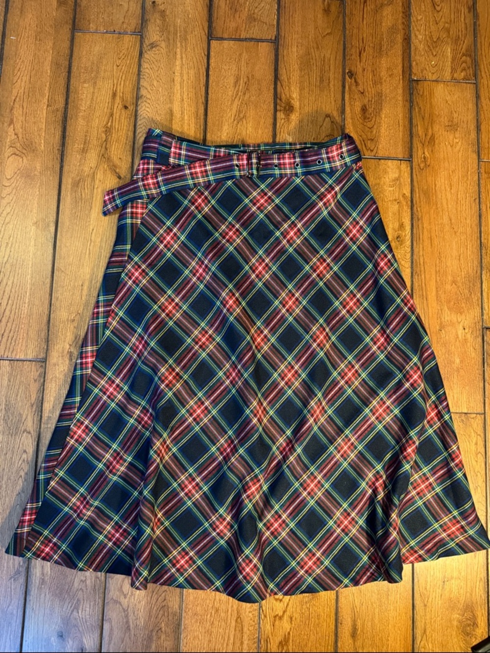Allegra K Navy Plaid A-Line Skirt with Belt